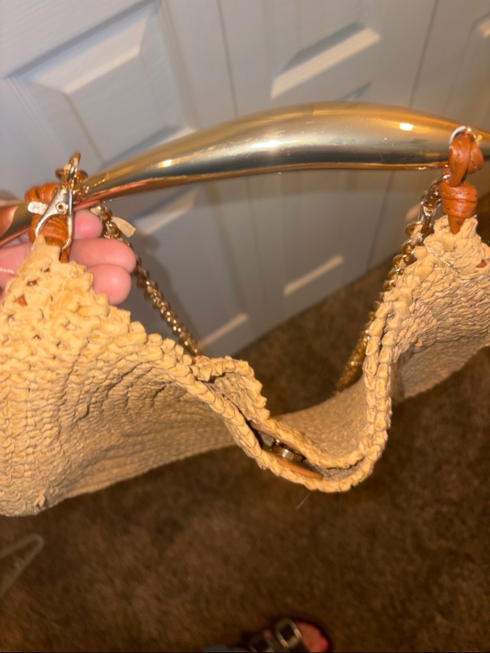 Brielle Crossbody Woven Straw Hobo Shoulder Bag with Gold Chain - Beige - Picture 8 of 8